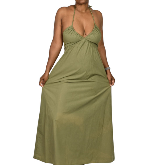 Xirena Maggie Halter Dress Green Olive Maxi Poplin Cotton Sundress Pockets XS - Picture 8 of 16